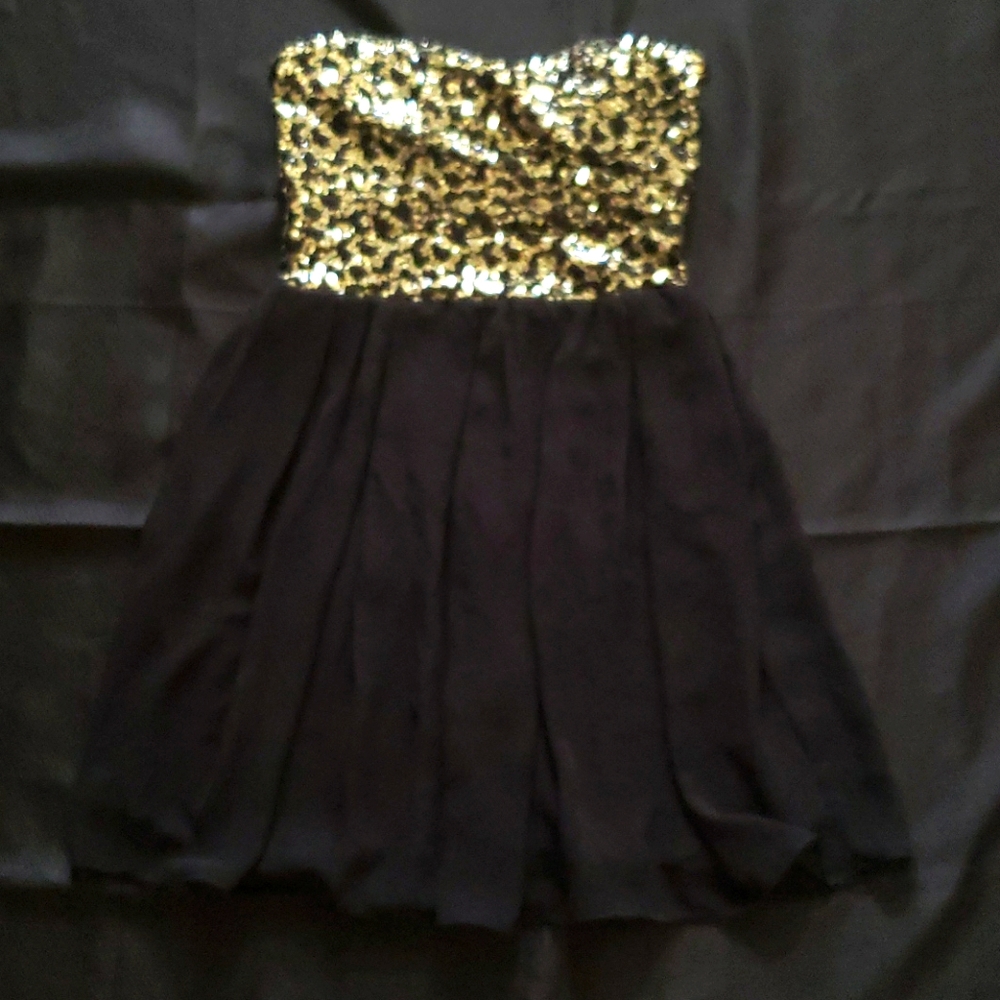 Strapless gold and black sequins cocktail dress